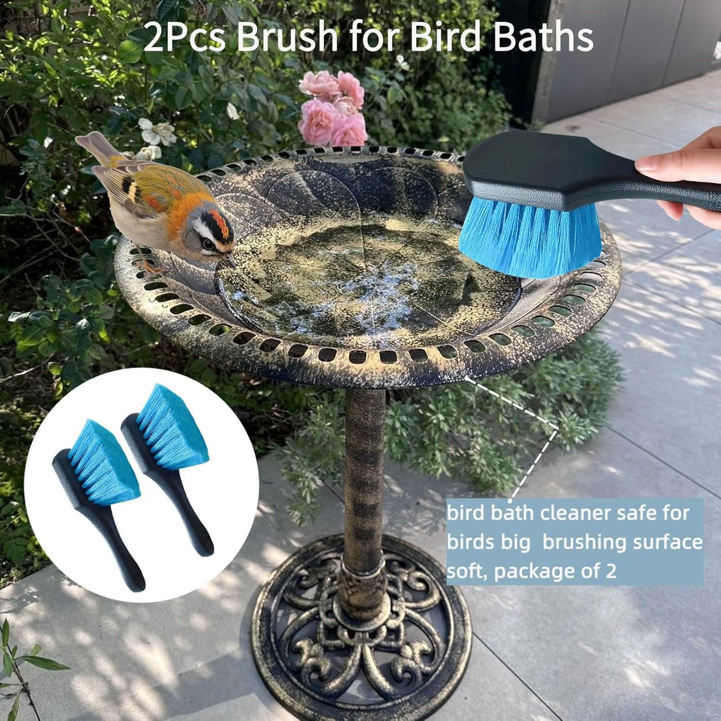 2 Pcs Bird Bath Brushes，Bathtub Cleaning Brush，Hummingbird Feeder Cleaning Brushes，Fountain Cleaner Safe for Birds and Cage，Concrete Bird Baths for Outdoors (Soft Brush with Big Brushing Surface)