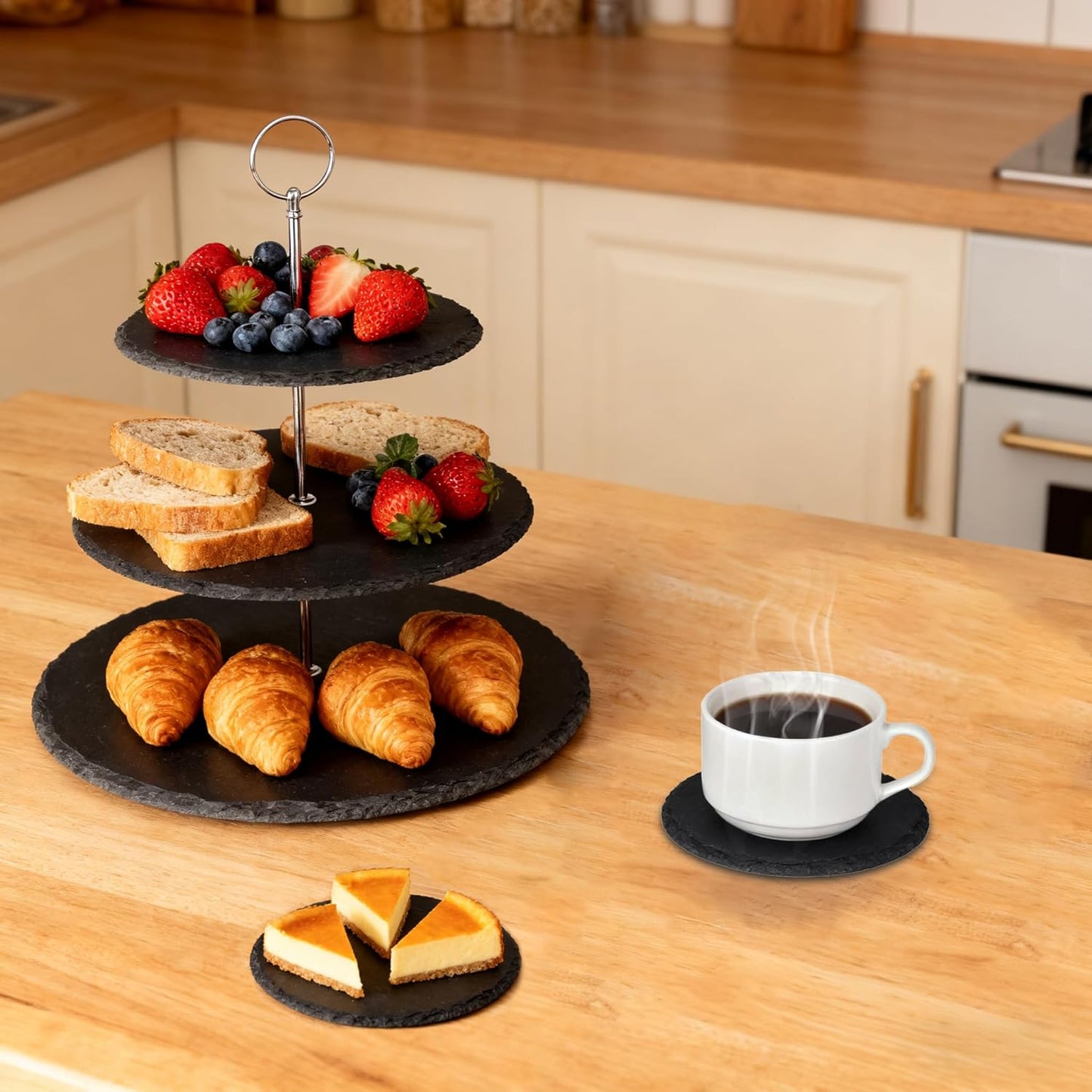 Cupcake Stand Set,3 Tier Dessert Table Display Set with Metal Rod & Slate Coasters Set of 4 for Theme Party, Wedding, Tea Party, Birthday, Black