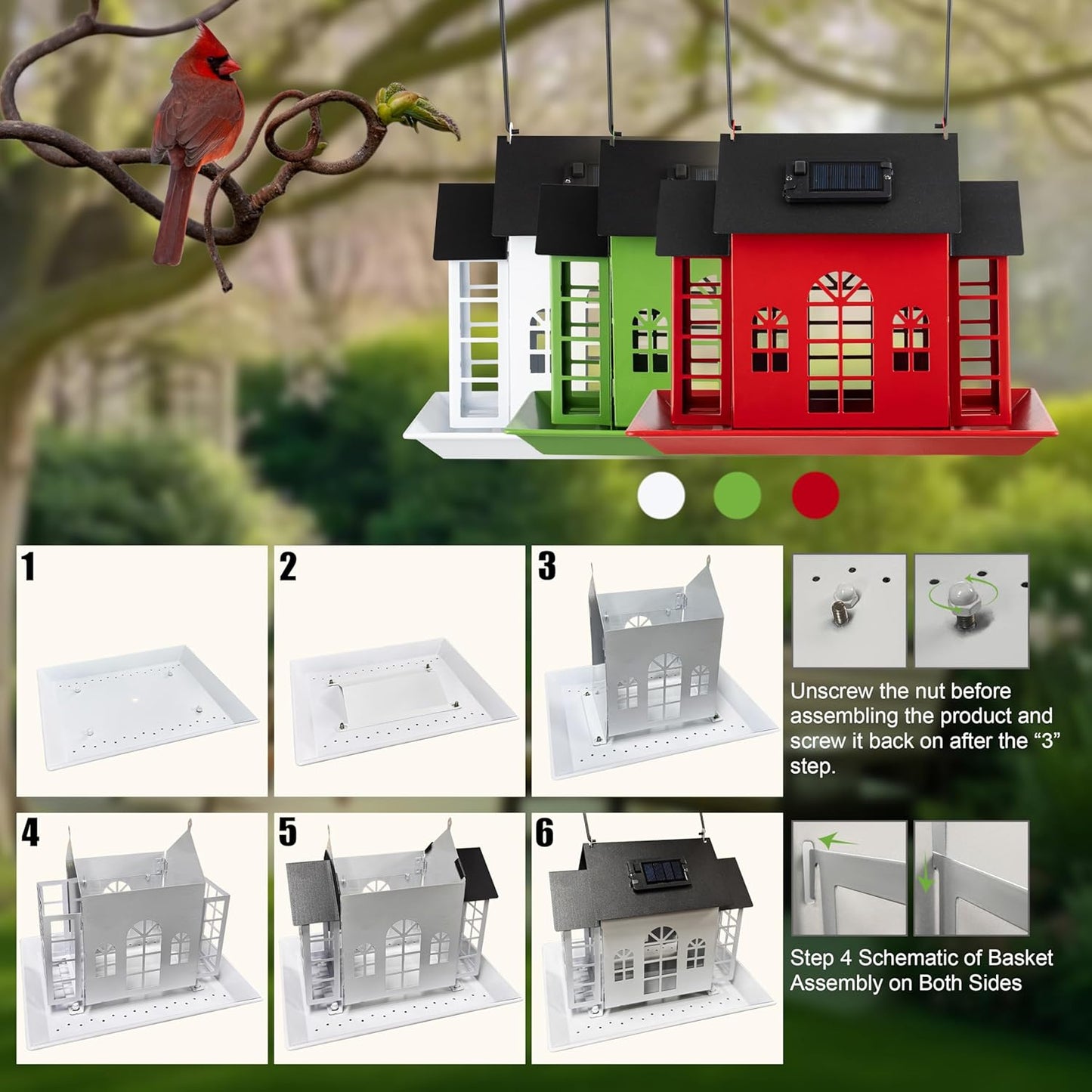 Bird Feeders for Outdoors,Solar Metal Large Capacity Cardinal Birdfeeders with Suet Holder,Cardinal Bird Suet Feeder,Birdhouse,Weatherproof and Durable
