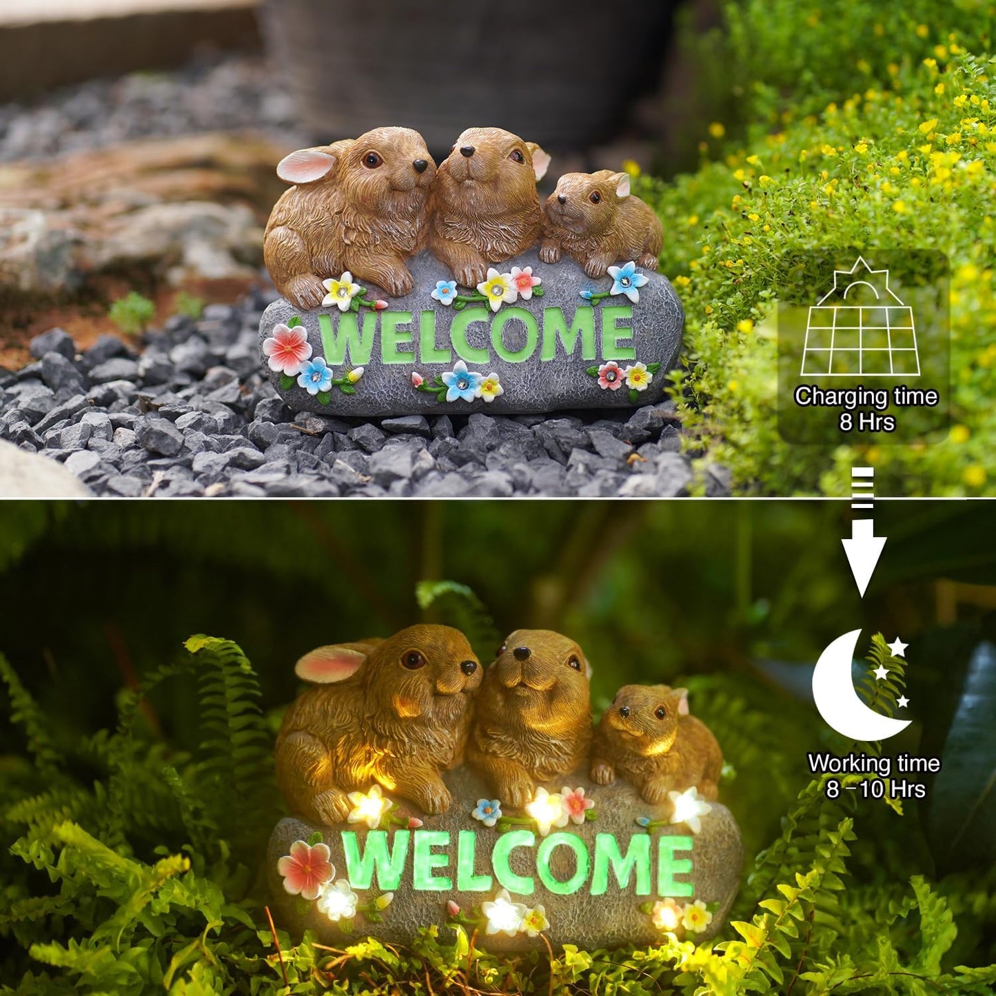 Goodeco Solar Rabbits with Welcome Sign - Outdoor Bunny Decor with Solar LED Lights - Rabbit Garden Decor & Outdoor Light-Up Gifts for Women, Moms or Birthdays