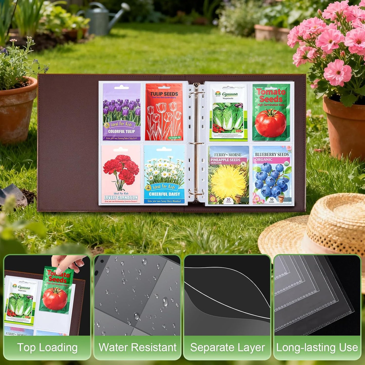 A4 3 Ring Binder Garden Seeds Storage Album with 30 Pcs 3.5x5” Seed Pa