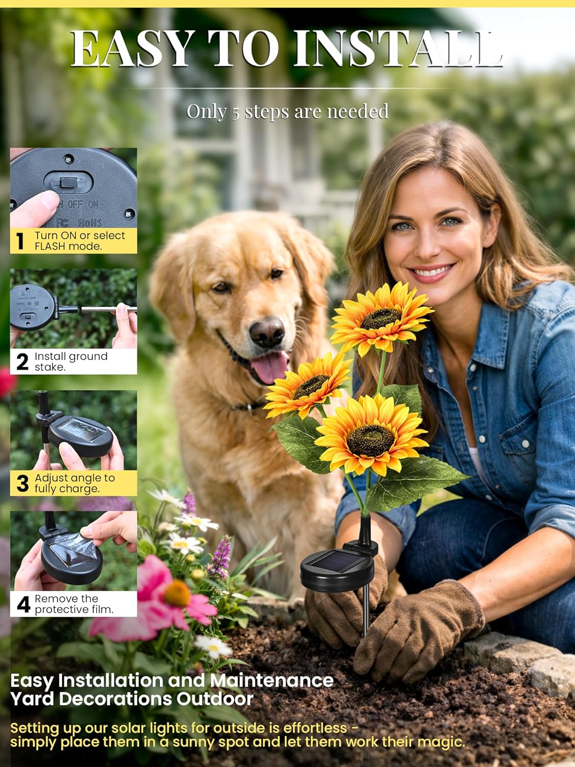 GIGALUMI Solar Garden Lights Artificial Flowers, LED Garden Decor Care