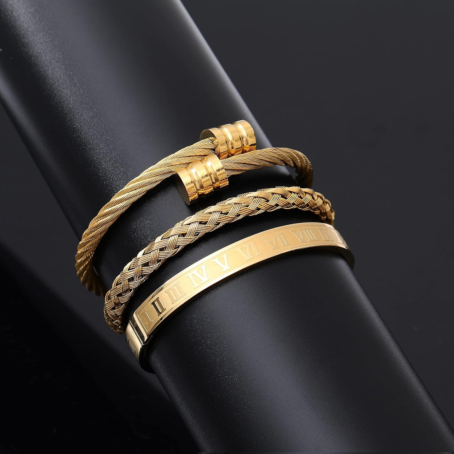 WFYOU 3PCS Stainless Steel Bracelets for Men Gold Roman Numeral Bangle
