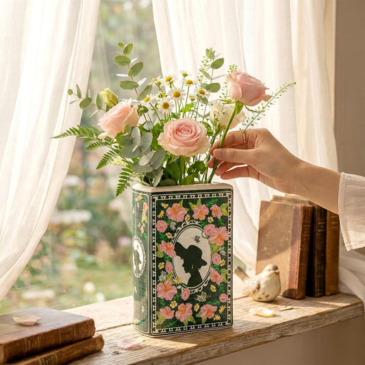 Foraineam Book Vase for Flowers Ceramic Book-Shaped Decorative Vases, Large Book Planter Pot Unique Flower Vases for Bookshelf Dining Table Desk Office Home Decor