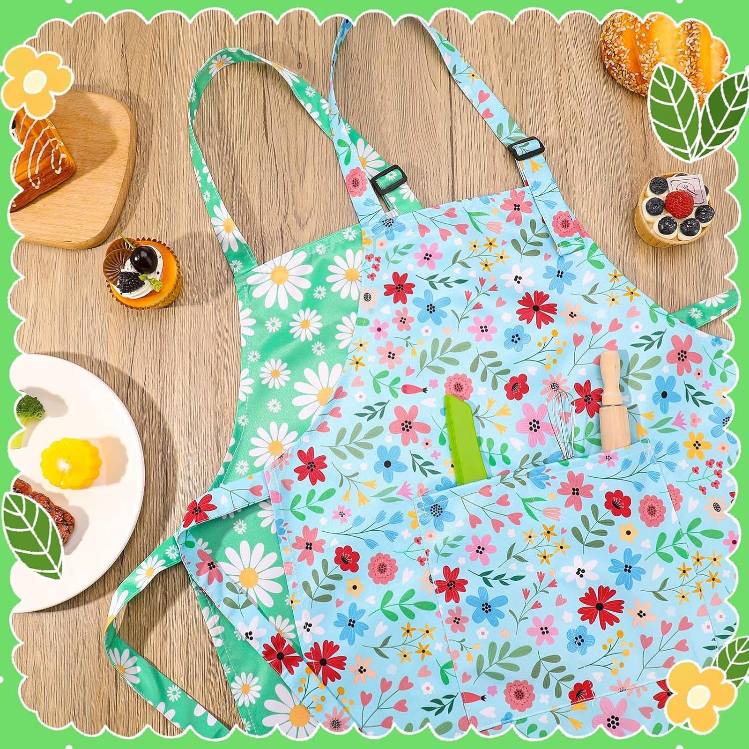 2 Pack Kids Apron, Cute Cooking Aprons, Waterproof Art Apron with Pock