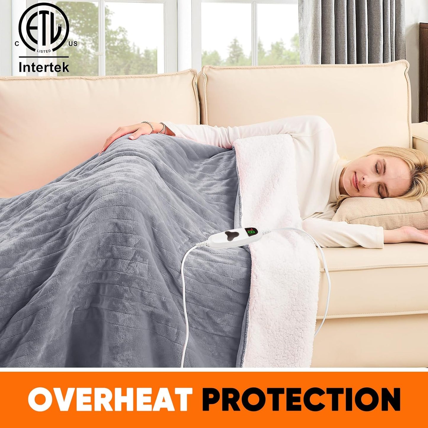 greenoak Heated Blanket Electric Throw 50"X60", Heating Blanket with 10 Heat Levels 1/2/4/6/8 Hours Auto-Off,Fleece Soft Sherpa Blanket,Gifts for Grandma Mom Seniors, Misty Grey