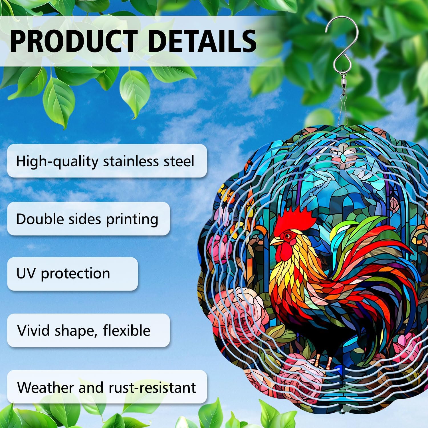 Rooster Yard and Garden Wind Spinner, Unique 3D Hanging Rooster Wind S