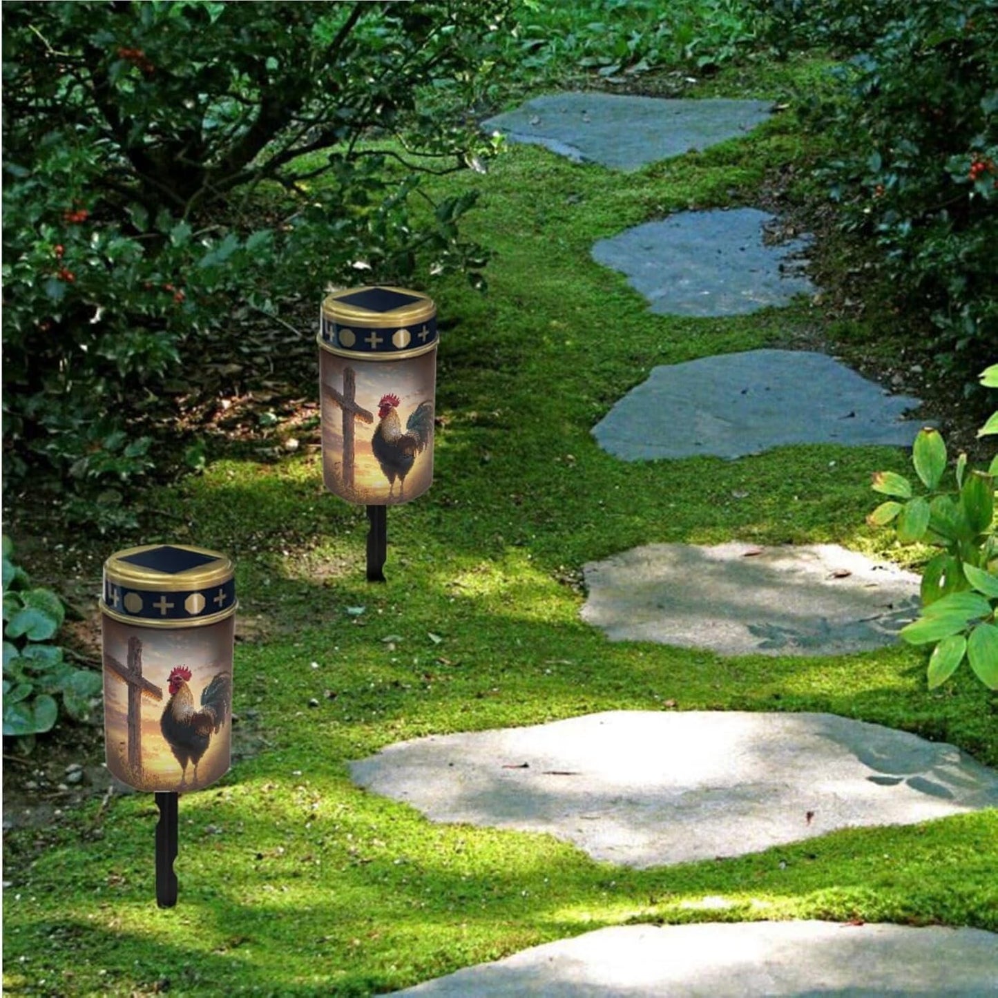 Merkmak Set of 2 Cemetery Solar Lights for Grave Sunset Cross Chicken Pathway Lights Solar Powered Memorial Flameless Candle for Prayer Cemetery Decorations