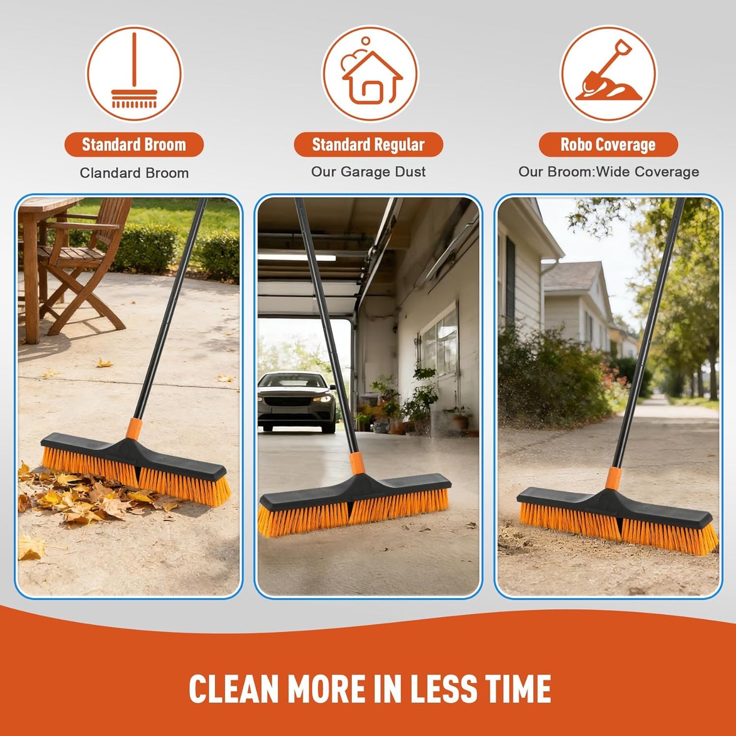 24”Push Broom Brush for Floor Cleaning with 65” Long Handle and Stiff Bristles, Heavy Duty Brush for Shop, Deck, Garage, Concrete,Indoor and Outdoor Broom,Orange