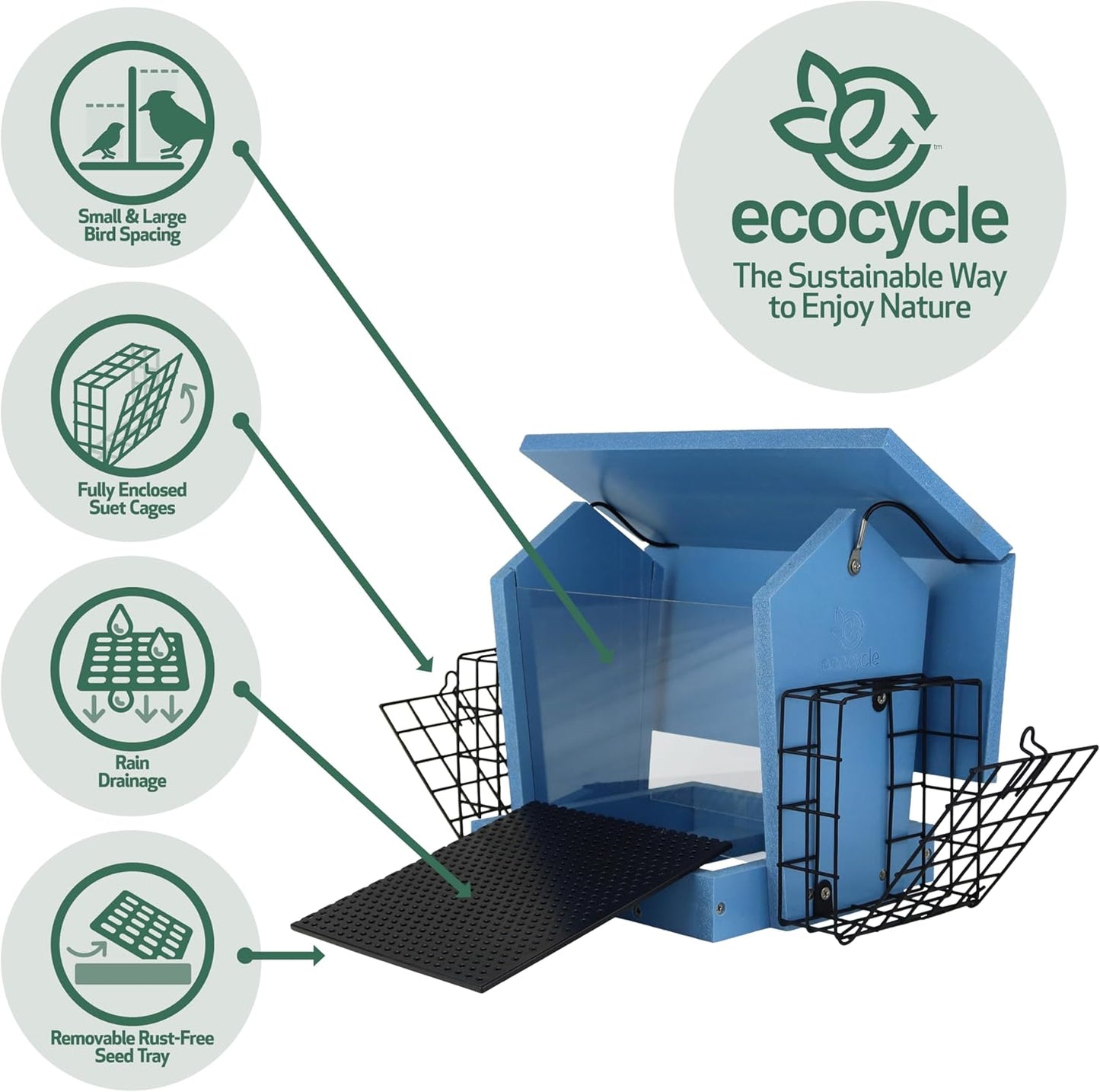 Hopper Hangout Recycled Plastic Hopper Bird Feeder with Latching Suet Cages & Fresh Seed Tray for Wild Birds and Outdoor Décor, 3 Quart Capacity, 2 Suet Cake, Blue