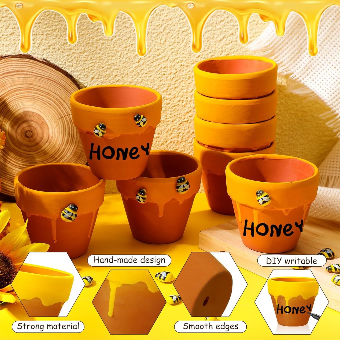 Yungyan 48 Pack Mini Honey Bee Pots with Bee Charms for Cupcake Planter Ceramic Honey Jars for Baby Shower Guests Wedding 1st Birthday Party Favors (Cute Style)