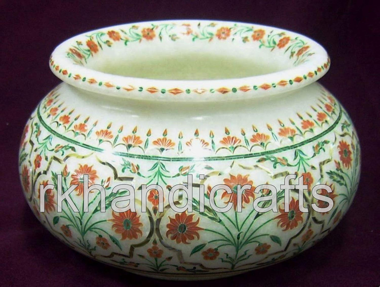 6 Inches Carnelian Plant Stand Inlaid with Floral Pattern White Marble Flower Pot from Vintage Art and Crafts