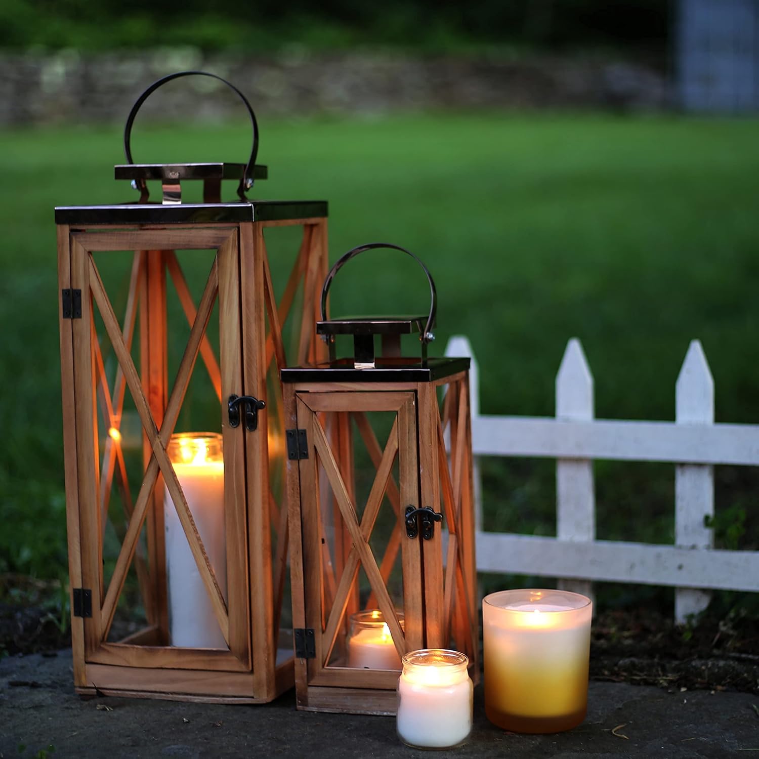 Wooden Candle Lantern Decorative Set of 2, Patio Decor with Stainless 