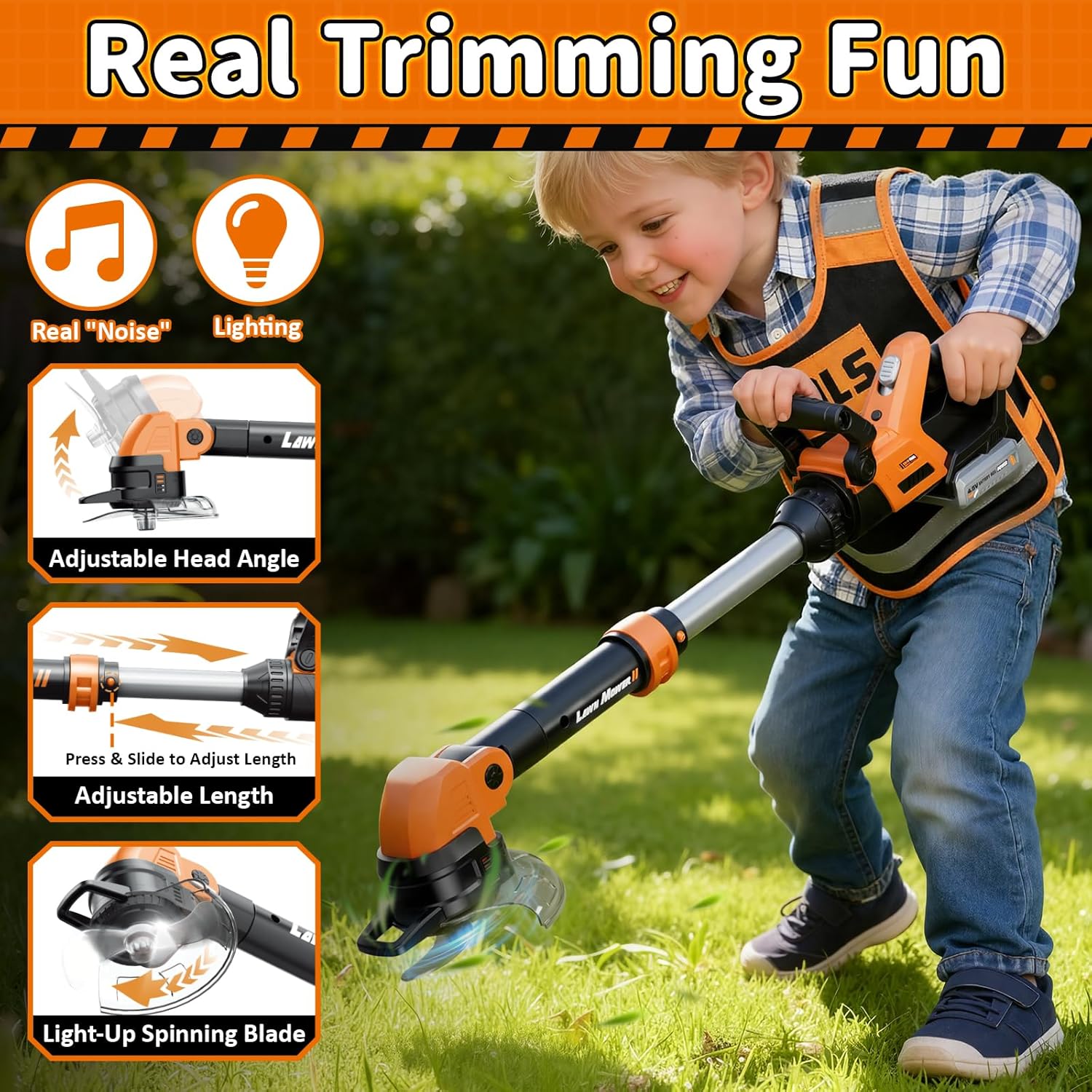 KidBloom Kids Gardening Tools Set with Vest, 2-in-1 Kids Lawn Mower & 