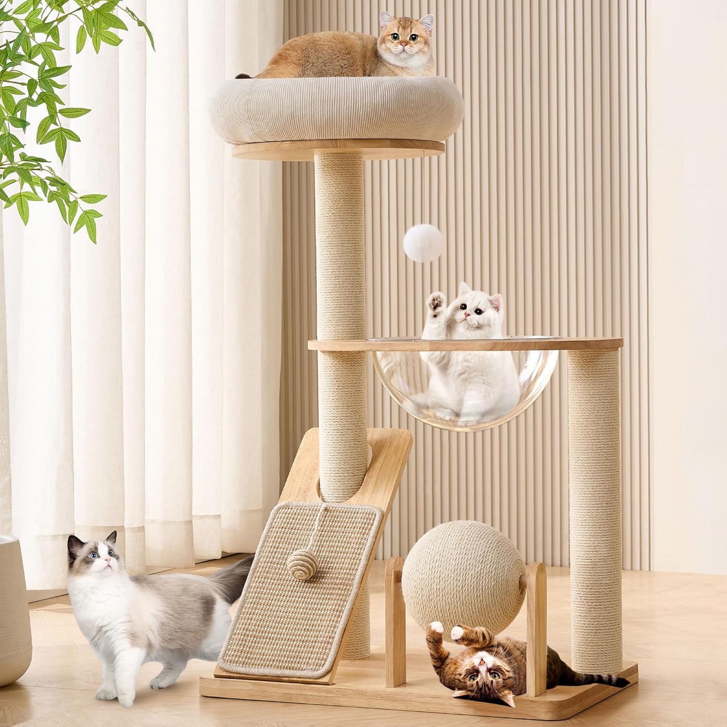 HITTITE Solid Wood Cat Tree Tower with Scratching Post, 37.8 Inches Ta