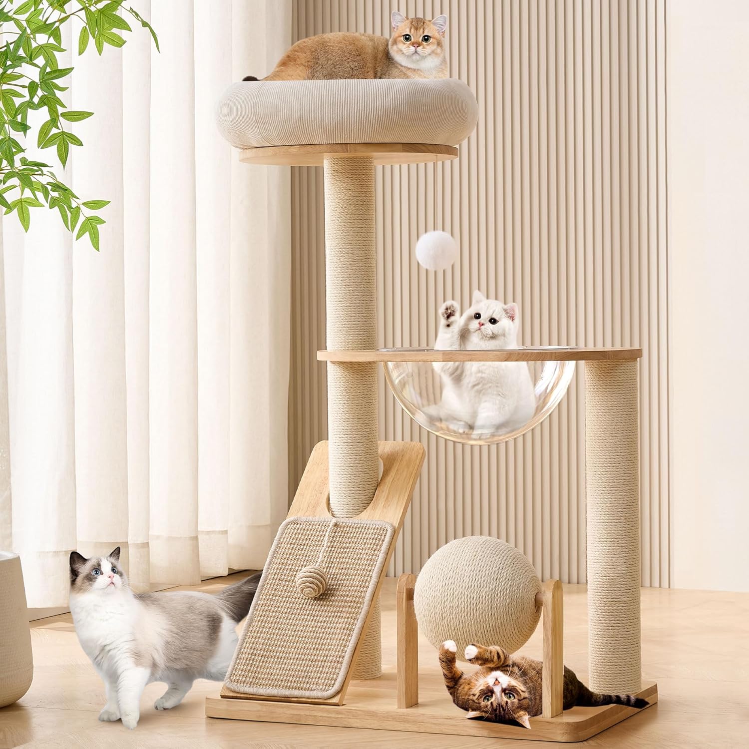 HITTITE Solid Wood Cat Tree Tower with Scratching Post, 37.8 Inches Ta