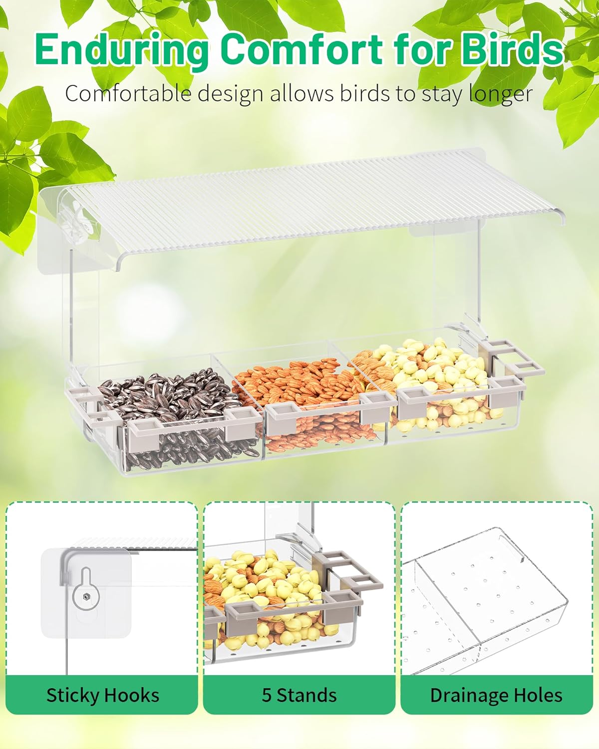 Clear Window Bird Feeder Outdoors - Bird Feeder for Viewing with 5 Perching Stands, Wavy roof, Self-Adhesive Hooks, Drain Holes and Removable Tray, as a Birdhouse, Garden Decor