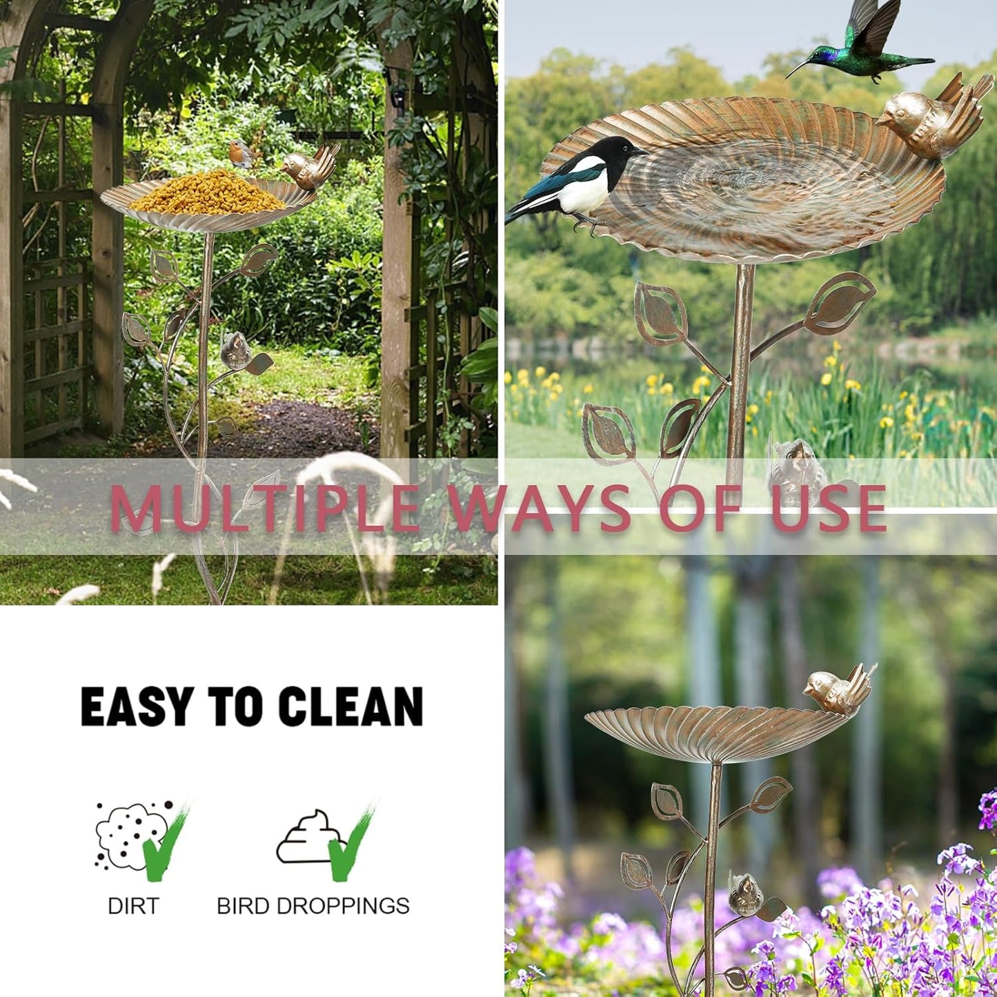 MUMTOP Bird Baths for Outdoors-Metal Bird Bath Bowl - Golden Birdbaths Stand with Leaf and Bird Decor, Bird Feeders for Outside, Garden, Patio, Lawn, Outdoor Decor
