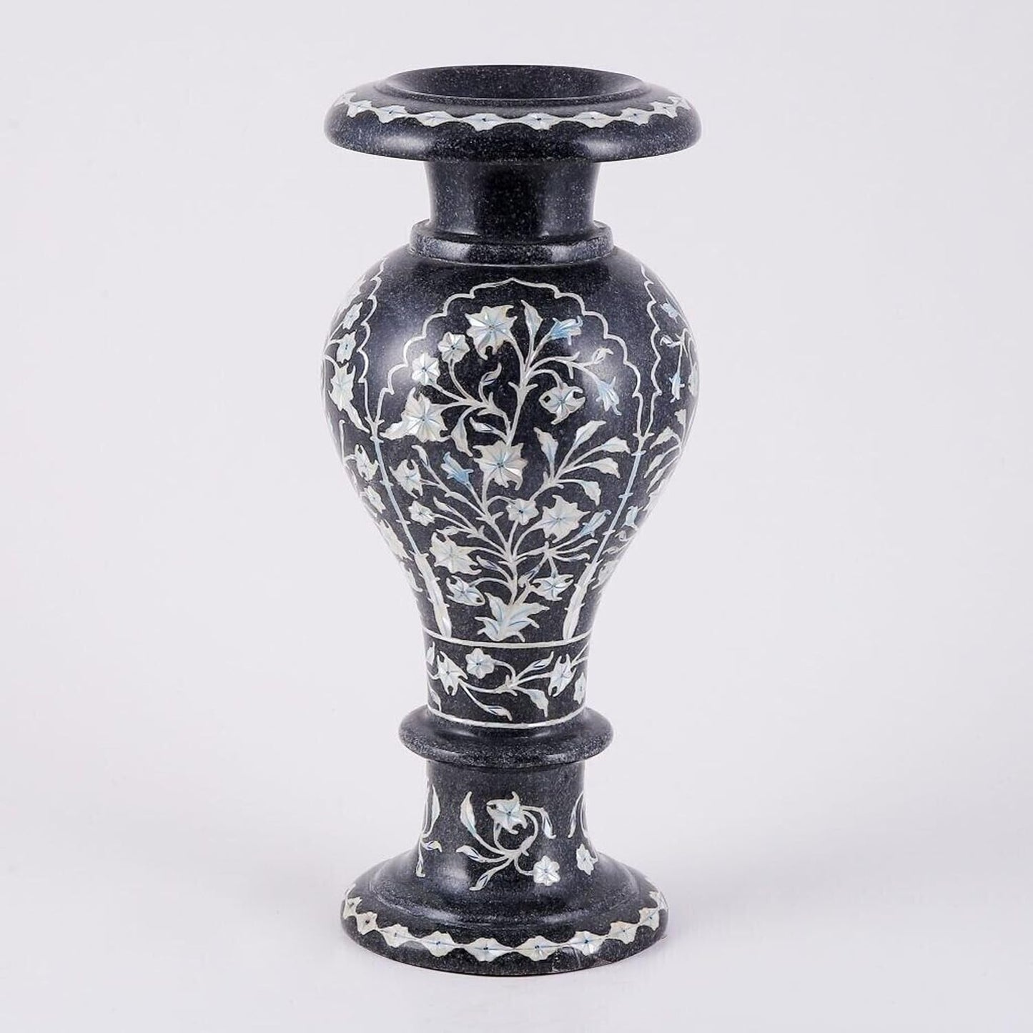 Marble Urn Vase I Shiny Gemstone Inlay Nursery Decor Planter I Handmade Plant Pot I Kitchen Decor Table Vase I Black Marble Planterette I 18 Inches Marble Plant Stand