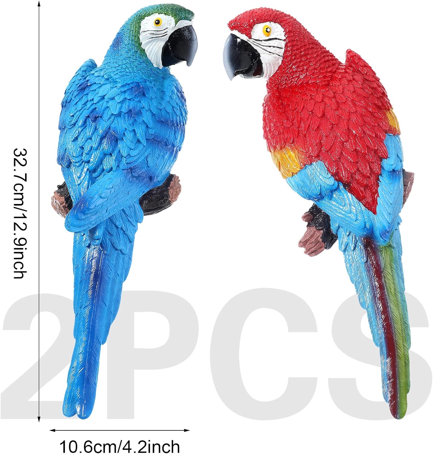2 Pieces Parrot Decor Outdoor Tiki Bar Decorations Large Realistic Parrot Statues for Outside Lifelike Bird Sculptures Garden Patio Yard Lawn Figurines for Tropical Animal Tree Wall (Red,Blue)