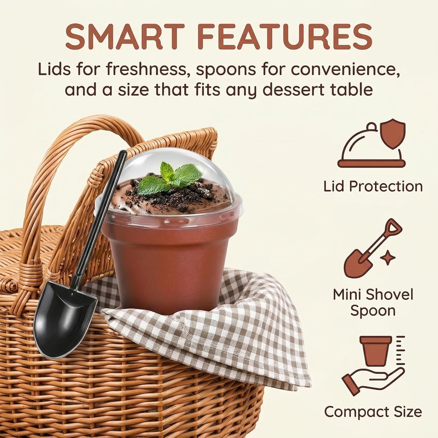 DOITOOL 20 Pack Flower Pot Dessert Cups with Lids and Spoons, 6.7 oz Mini Plastic Chocolate Pudding Cups, Cute Mini Flowerpot for Ice Cream, Dirt Cake, Fruit Trifles, Pudding, Yogurt, Mousse