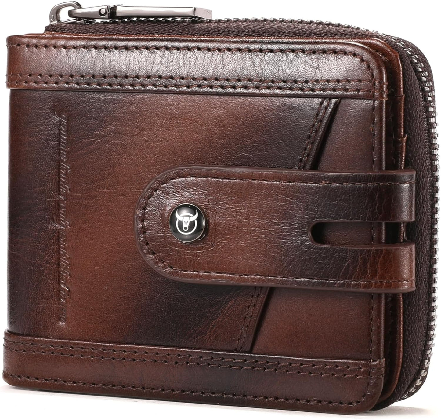BULLCAPTAIN Genuine Leather Men's Wallet with Zipper Vintage RFID Bloc