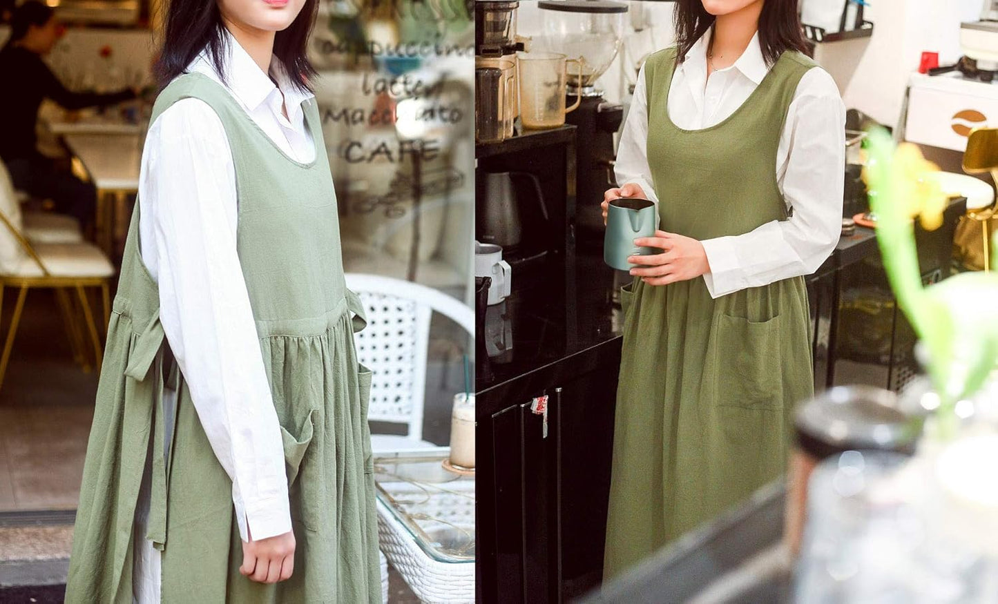 Women Plus Size Cotton Linen Vintage Pleated Split Apron Pinafore Dres