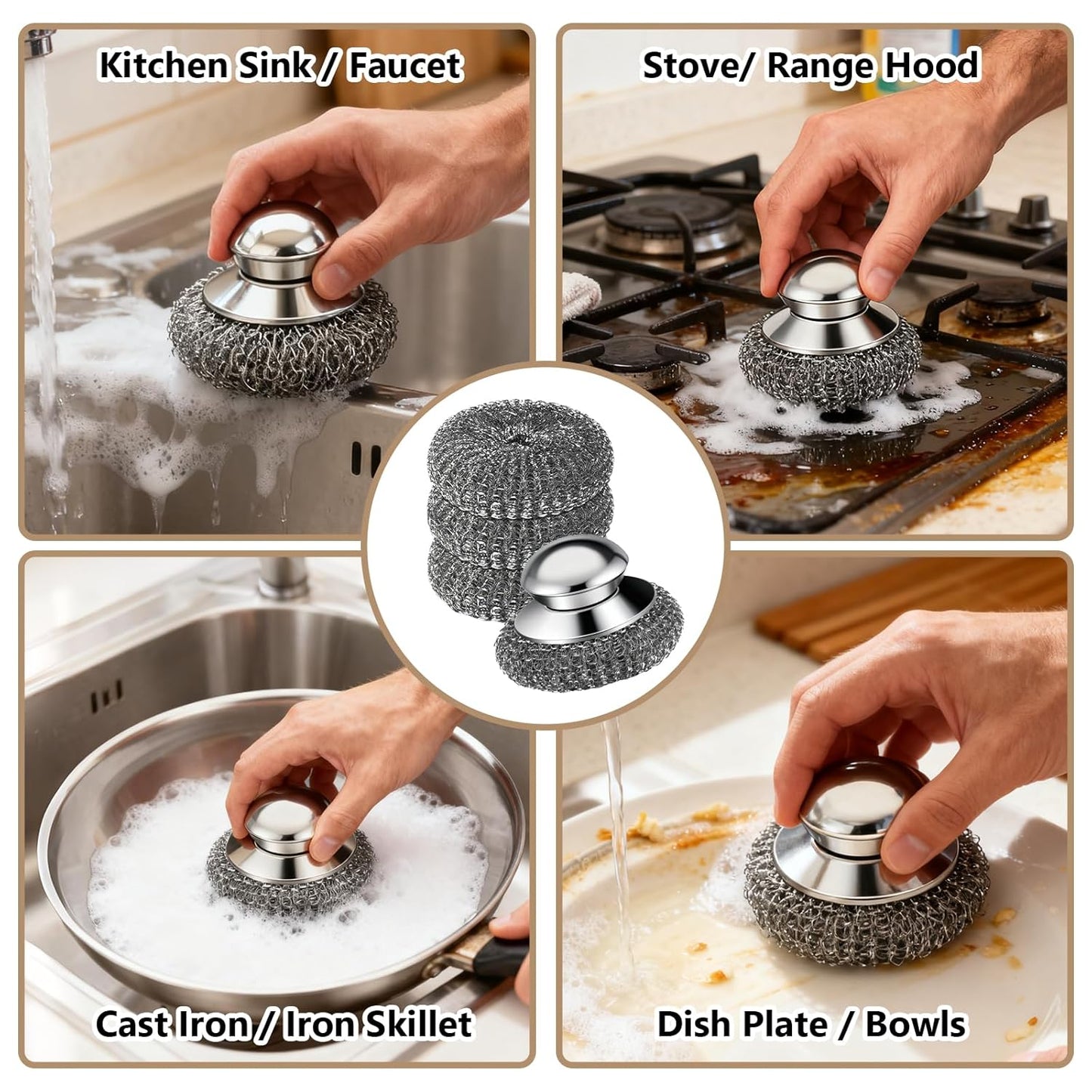 Steel Wool Scrubber, 4-Pack Stainless Steel Scrubber Pads with Handle - The Ultimate Scouring Solution for Rust, Stubborn Messes on Cookware, Grill, Oven & Kitchen Sinks