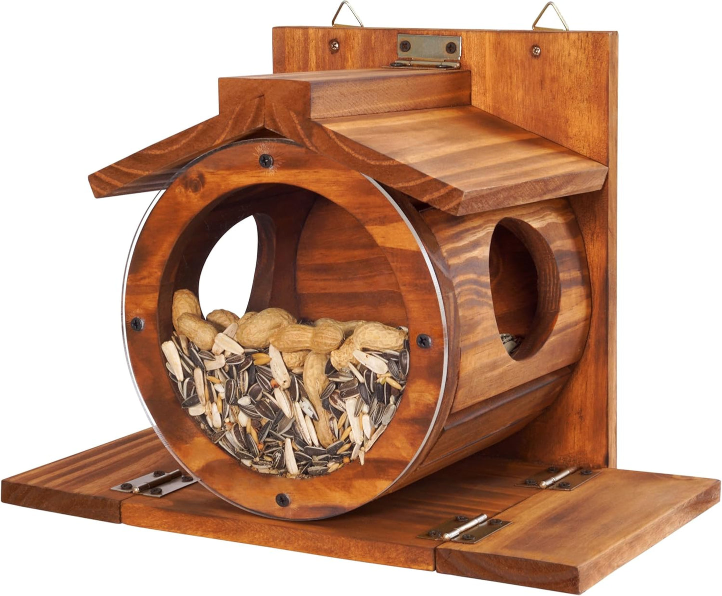 MIXUMON Wood Squirrel Feeder, Squirrel Feeders for Outside Winter, Wooden Chipmunk Feeder for Corn, Peanuts, Durable Box Easy to Fill with The Roof Can Be Opened