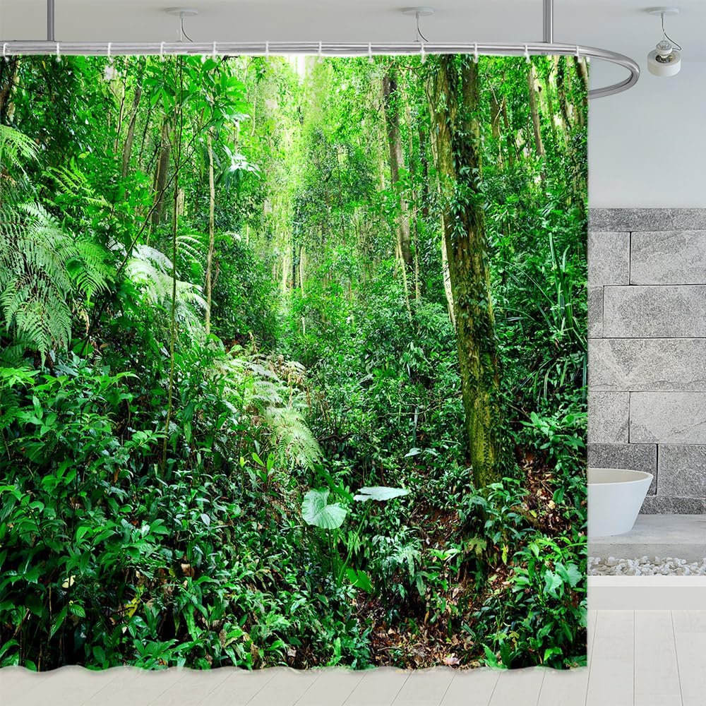 Rainforest Landscape Shower Curtains Green Leaves Plant Tree Original Forest Scenery Outdoor Nature View Bathroom Decor Polyester Fabric Curtain Sets 70x70 Inch with Hook