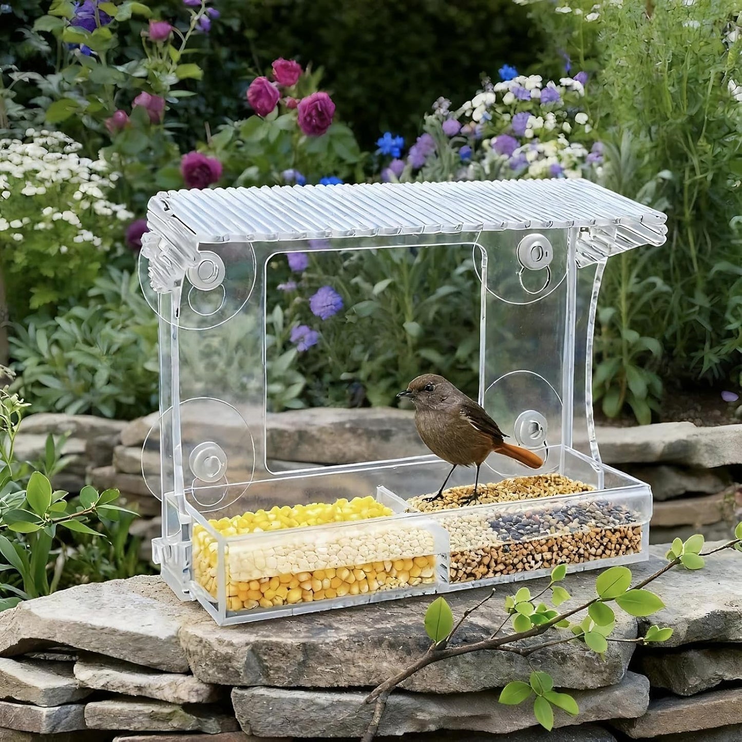Bird Feeder, Acrylic Windproof Outdoor Window Feeder with Detachable Tray for Hummingbird, Wild Finch, Garden, Yard, Patio, Porch, Balcony, Family Viewing