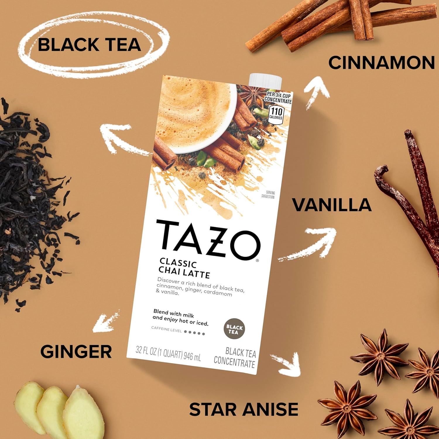 TAZO Classic Chai Latte, Black Tea Concentrate, Easy-to-Serve Caffeina