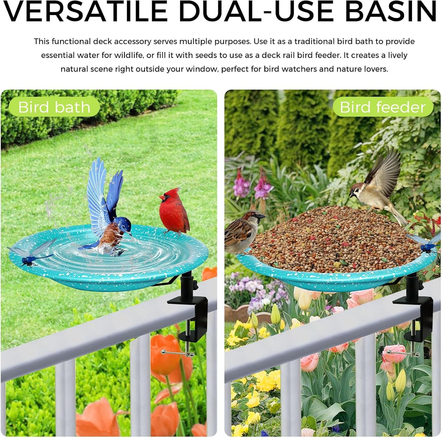Deck Mounted Bird Bath,Premium Bird Water Feeder Bowl with Adjustable Clamp for Railing–Detachable & Weather Resistant Outdoor Garden Decor 11.5Inch (Sky Blue with White Dots)