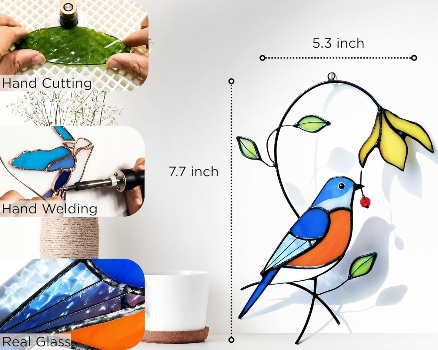Bluebird Flower Stained Glass Window Hanging for Women, Mom, Grandma - Handmade Real Glass Bird Suncatcher - Elegant Gifts Box Home Decor (H7.7xW5.3 inch)