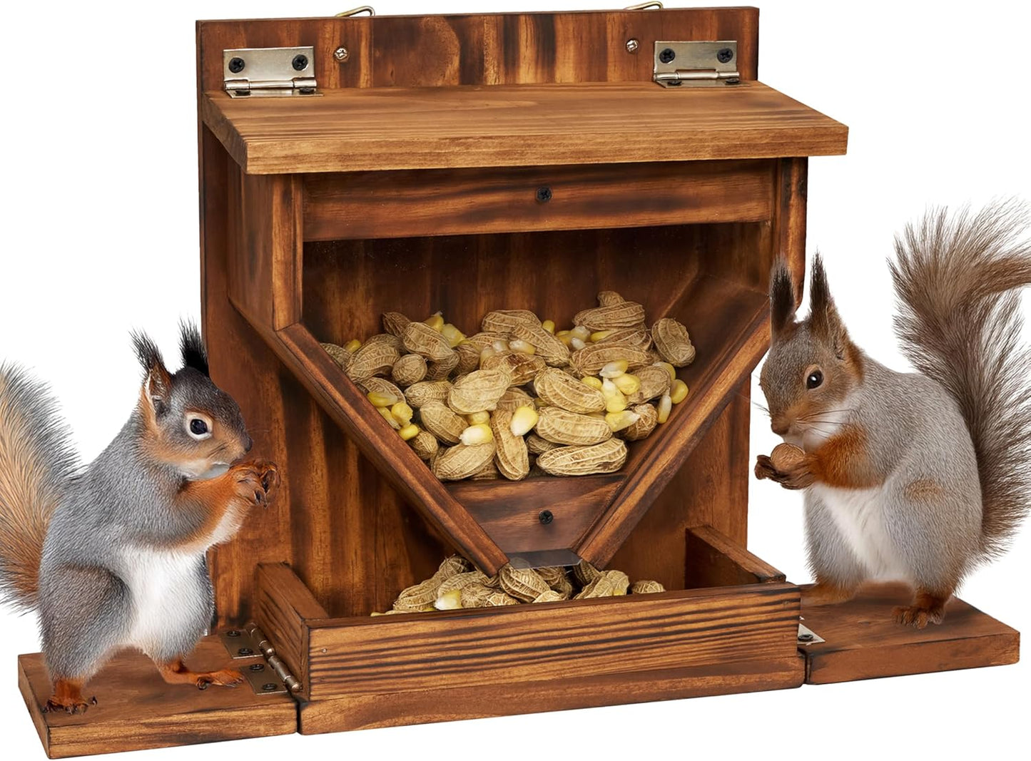 MIXUMON Wood Squirrel Feeder, Funnel Squirrel Feeders for Outside Winter, Wooden Chipmunk Feeder for Corn, Peanuts, Durable Box Easy to Fill with Removable Top Panel