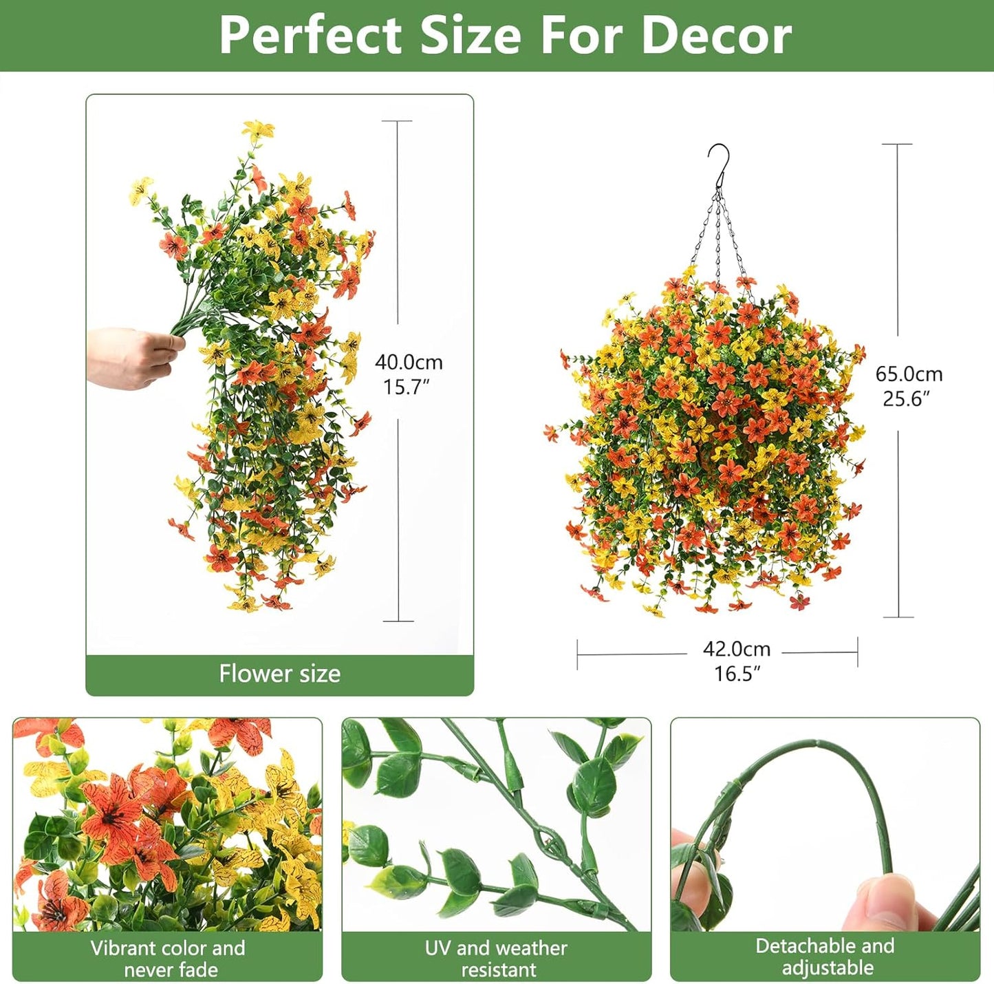 INQCMY Artificial Fake Hanging Flowers Plants Baskets for Outdoor Fall Decoration,Faux Silk Flower in Planter UV Resistant Look Real for Home Outside Porch Garden Yard Patio Decor