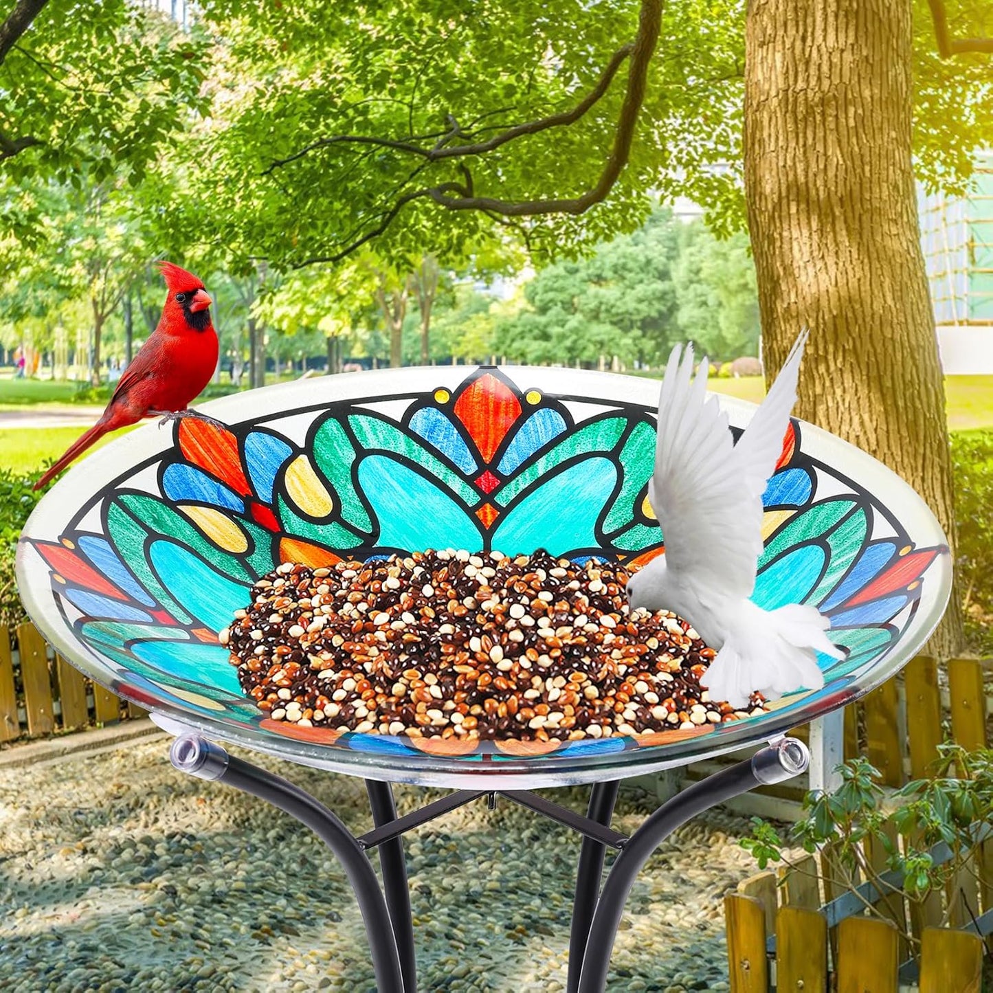 MUMTOP Bird Bath-Bird Baths for Outdoors - Glass Large Bird Bath Bowl with Metal Stand, Symmetrical Patterns Bird Feeders for Outside and Garden, Patio,Lawn Decor