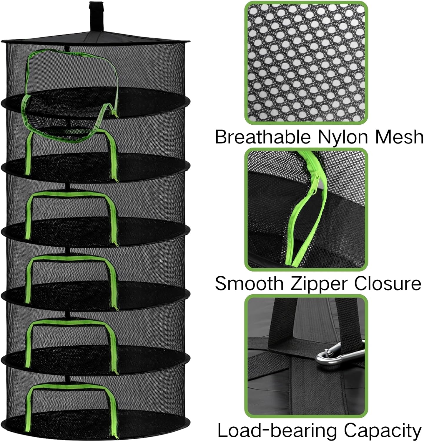Coloch 6 Layer Herb Drying Rack with Zipper, Foldable Food Drying Net Collapsible Hanging Seed Drying Mesh with Garden Shear, Hook, Bag, for Plant, Seed, Bud, Fruit, Food, 23.6”x47”