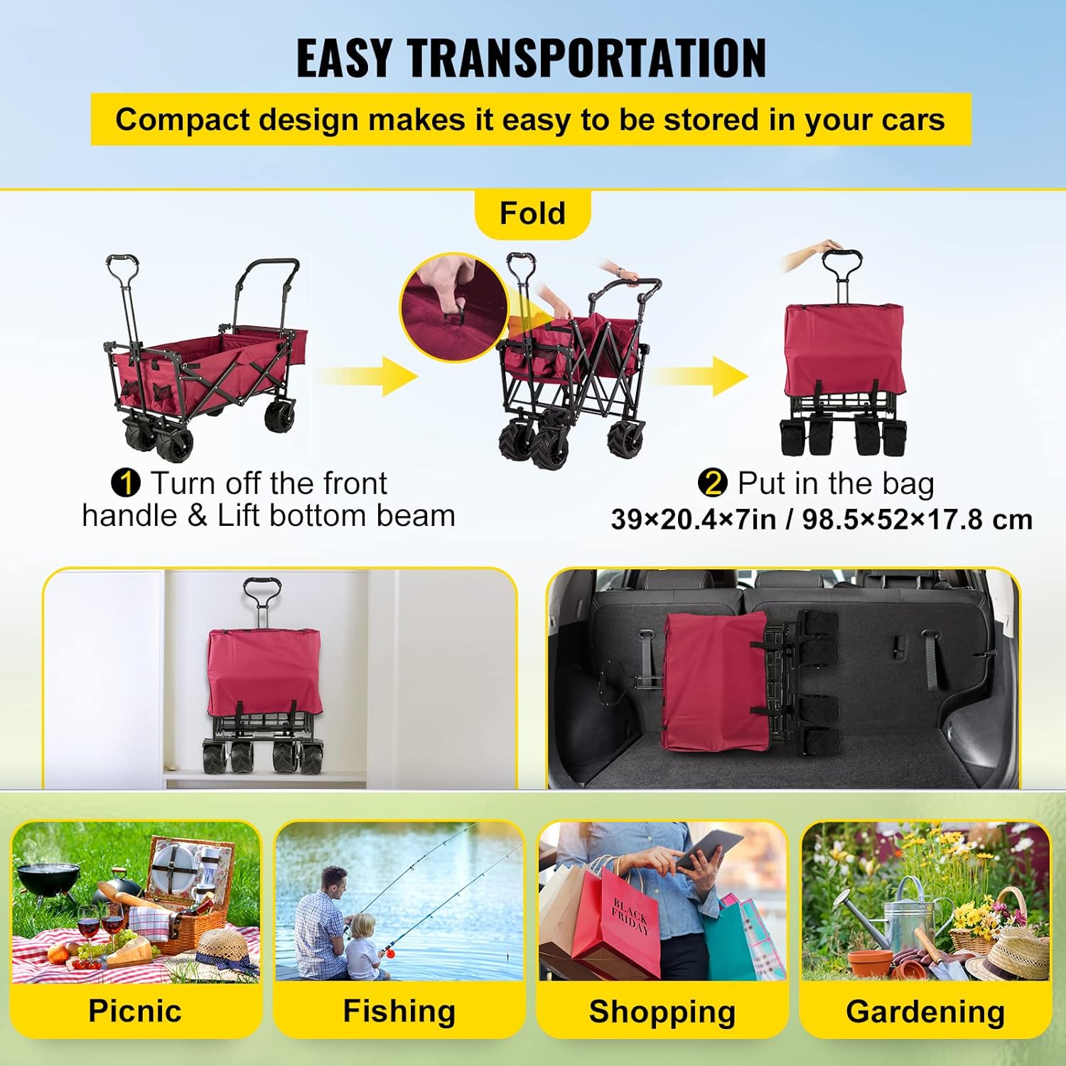 Happbuy Collapsible Wagon with Removable Canopy, 220lbs Heavy Duty Fol
