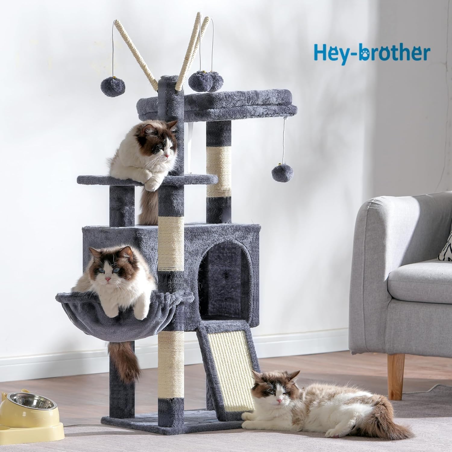 Hey-brother Cat Tree Tower, Scratching Posts with Removable Toys, Cozy