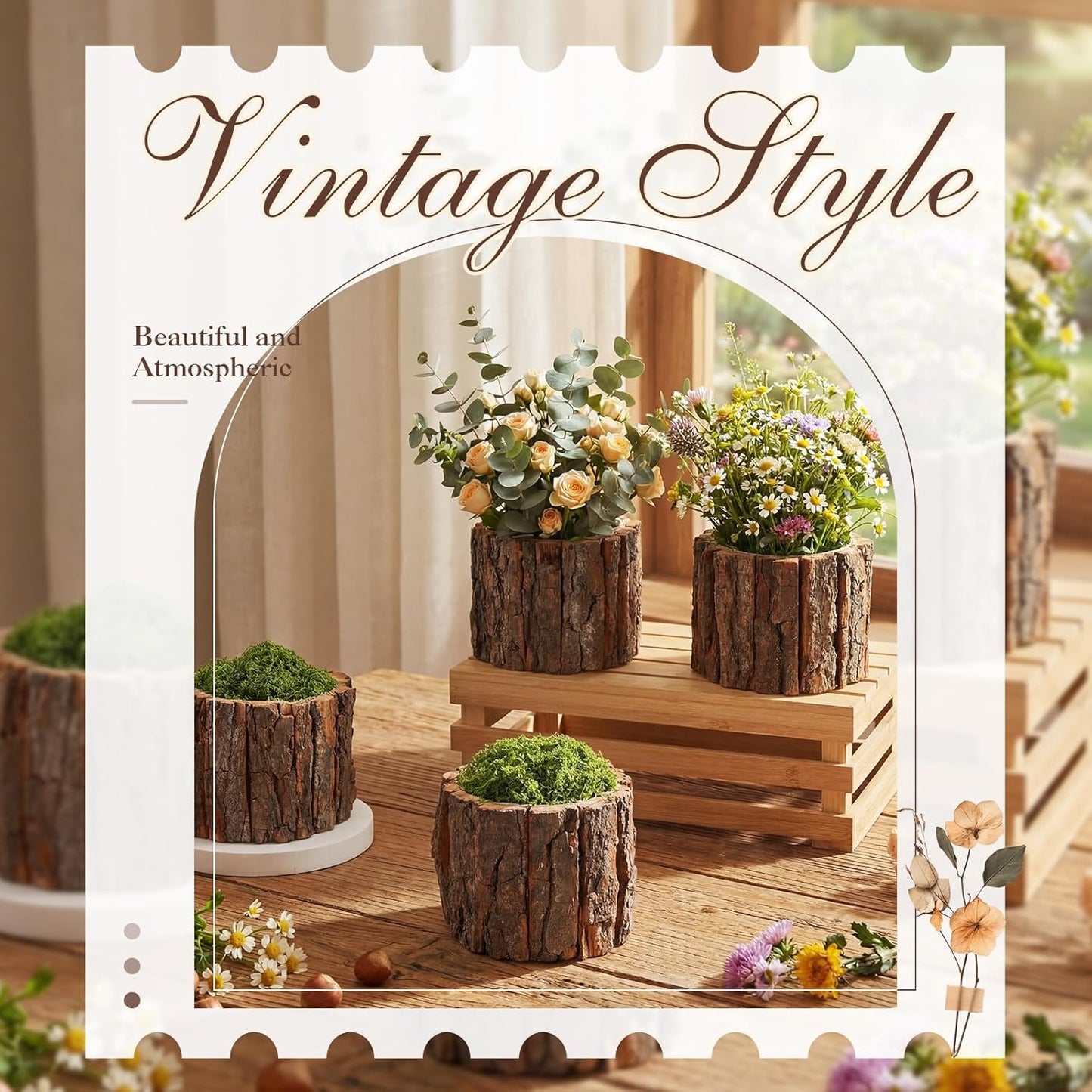 4 Set Wooden Vase for Centerpieces Wedding Flower Table Centerpieces Decor Rustic Bark Stump Bucket Farmhouse Wood Planter Pot for Woodland Party Window Home (Fake Green Moss,Large)