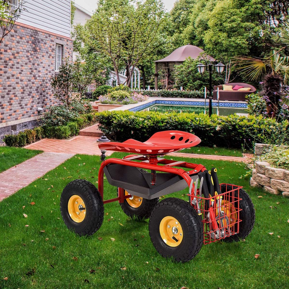 Squareful 4 Wheels Garden Cart, Patio Rolling Workseat w/Tool Tray, & Storage Basket, Outdoor Wagon Scooter for Planting, Rubber Tires & Adjustable Height for Lawn, Garden, Patio, Backyard (Red)