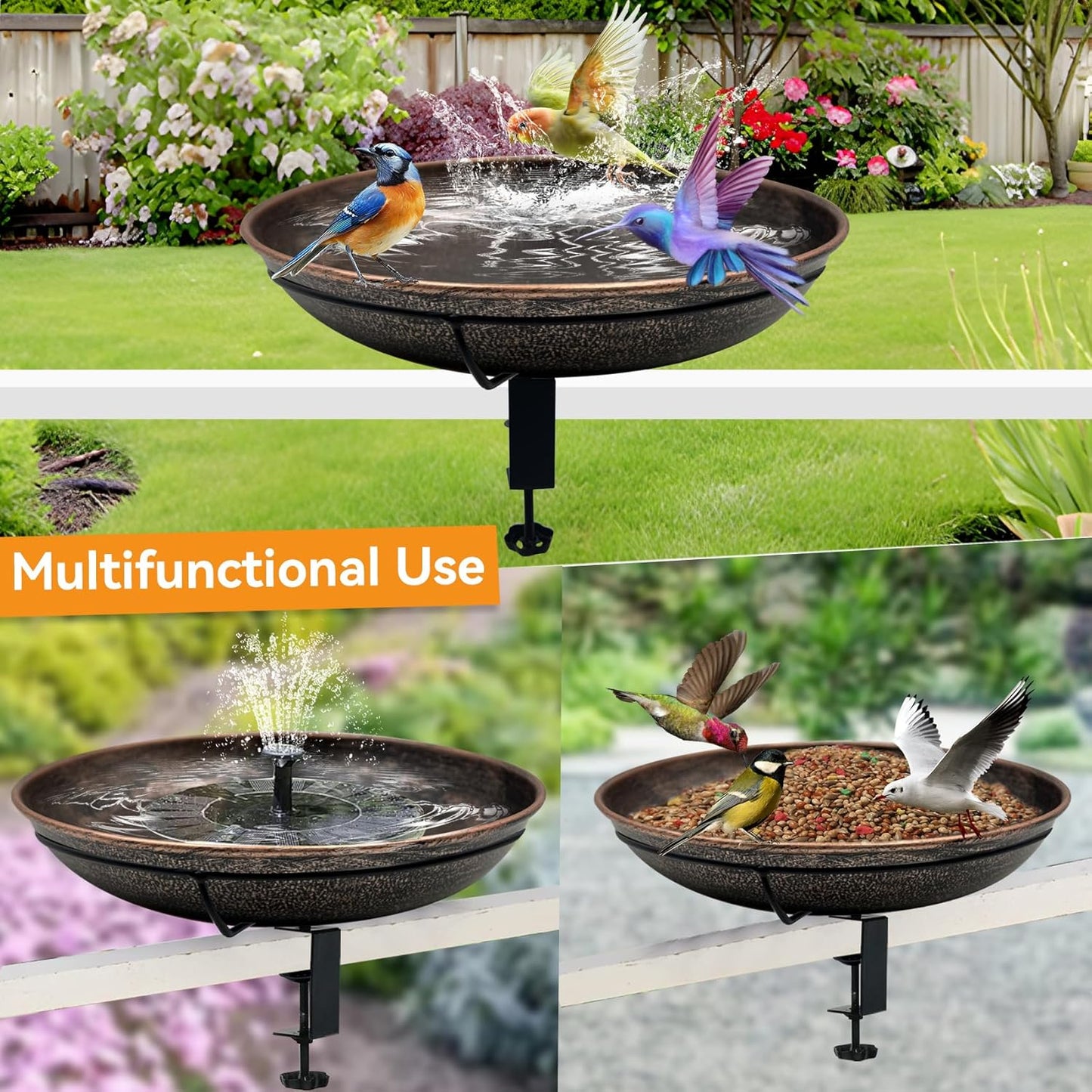 Deck Mounted Bird Bath, Easy to Clean12 Detachable Bath Bowl, Metal Birdbath for Outside with Sturdy Adjustable Clamp for Railing Balcony Fence Outdoor Decor 0.7 Gallon