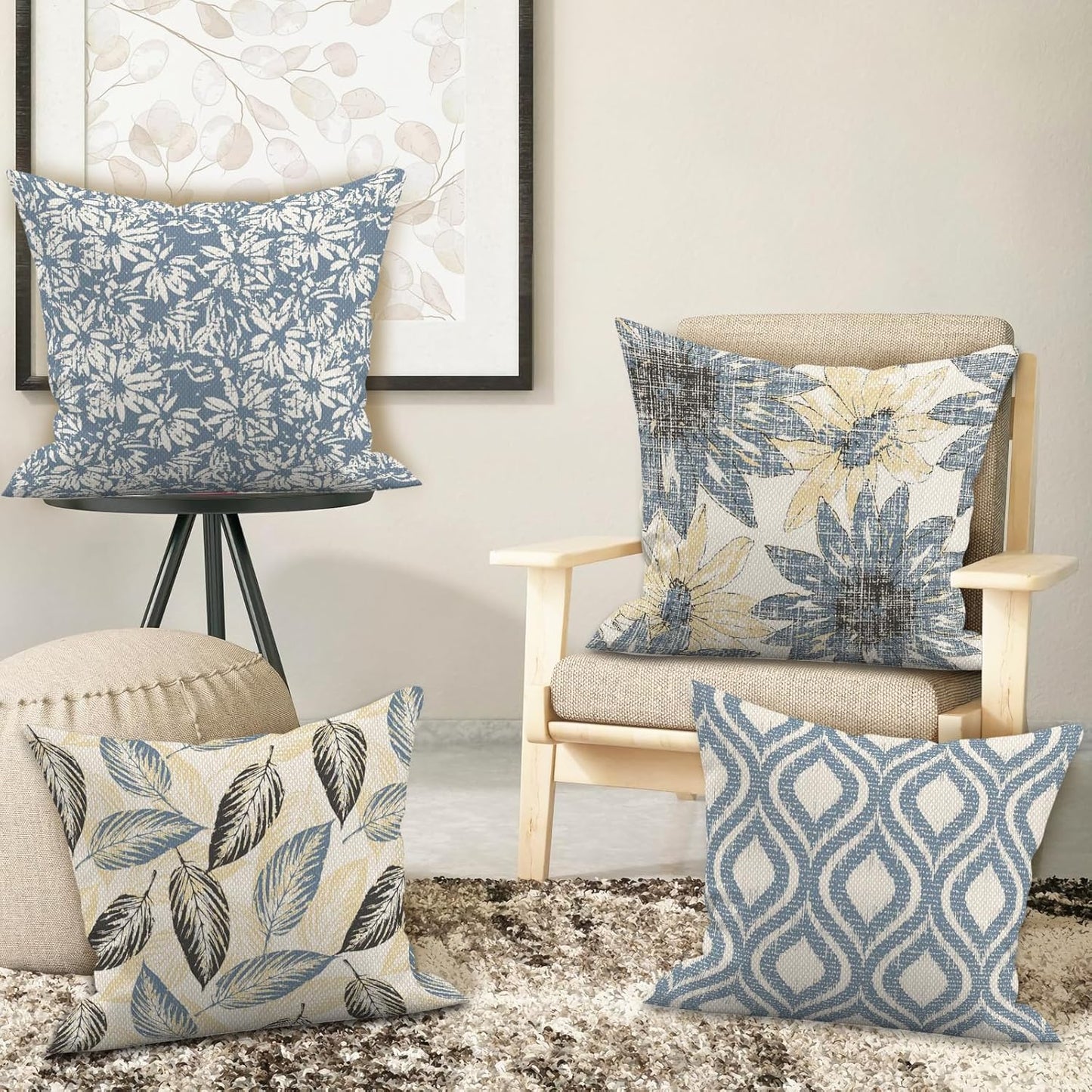 MEHOFOND Blue Floral Pillow Covers 18x18 Inch Set of 4 Boho Leaf Throw Pillow Covers Modern Abstract Art Plant Outdoor Decor Farmhouse Pillowcase Cushion Case for Sofa Couch