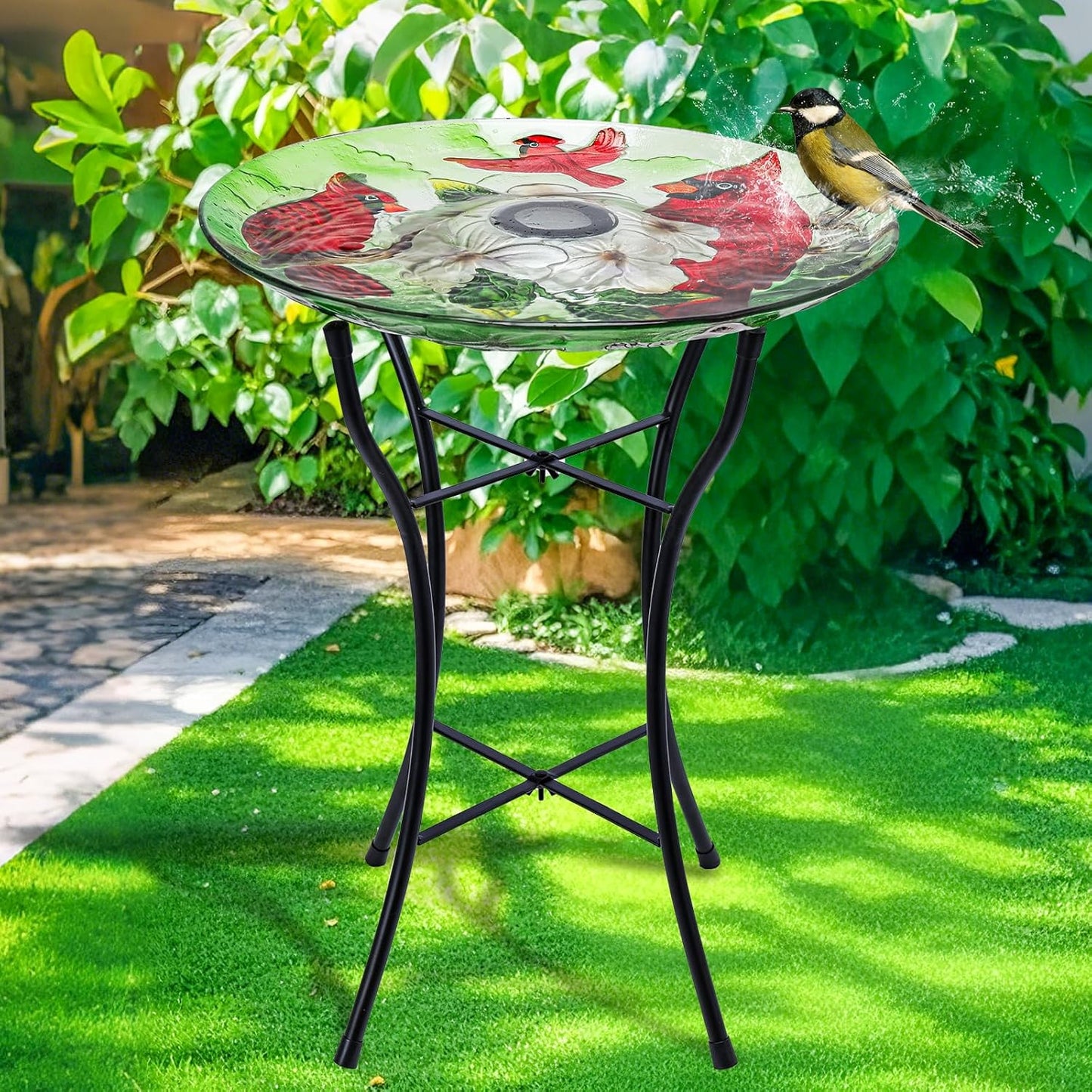 MUMTOP Glass Bird Baths for Outside, 16 Inch Width Outdoor Garden Red Cardinals Bird Bath Bowl with Solar Light and Metal Stand, Large Glass Birdbaths Bird Feeder for Yard Decor, 20 Inch Height