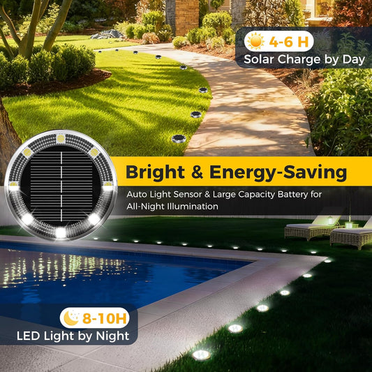 6 Pack Solar Ground Lights Outdoor, 8 LED Mini Flat Solar Disc Lights,