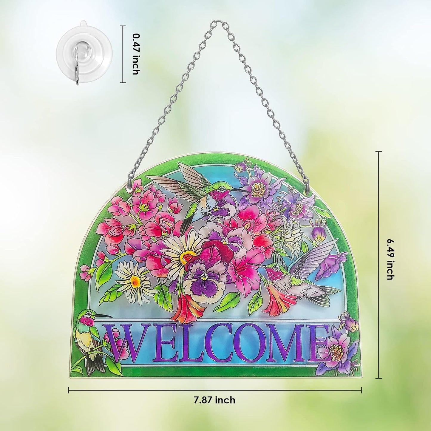 Hummingbird Stained Glass Suncatchers - Welcome Hummingbird Suncatcher, Vibrant Flowers Window Hanging, 7.8''*6.5'', Stained Glass Birds with Suction Cup, Mom Gift