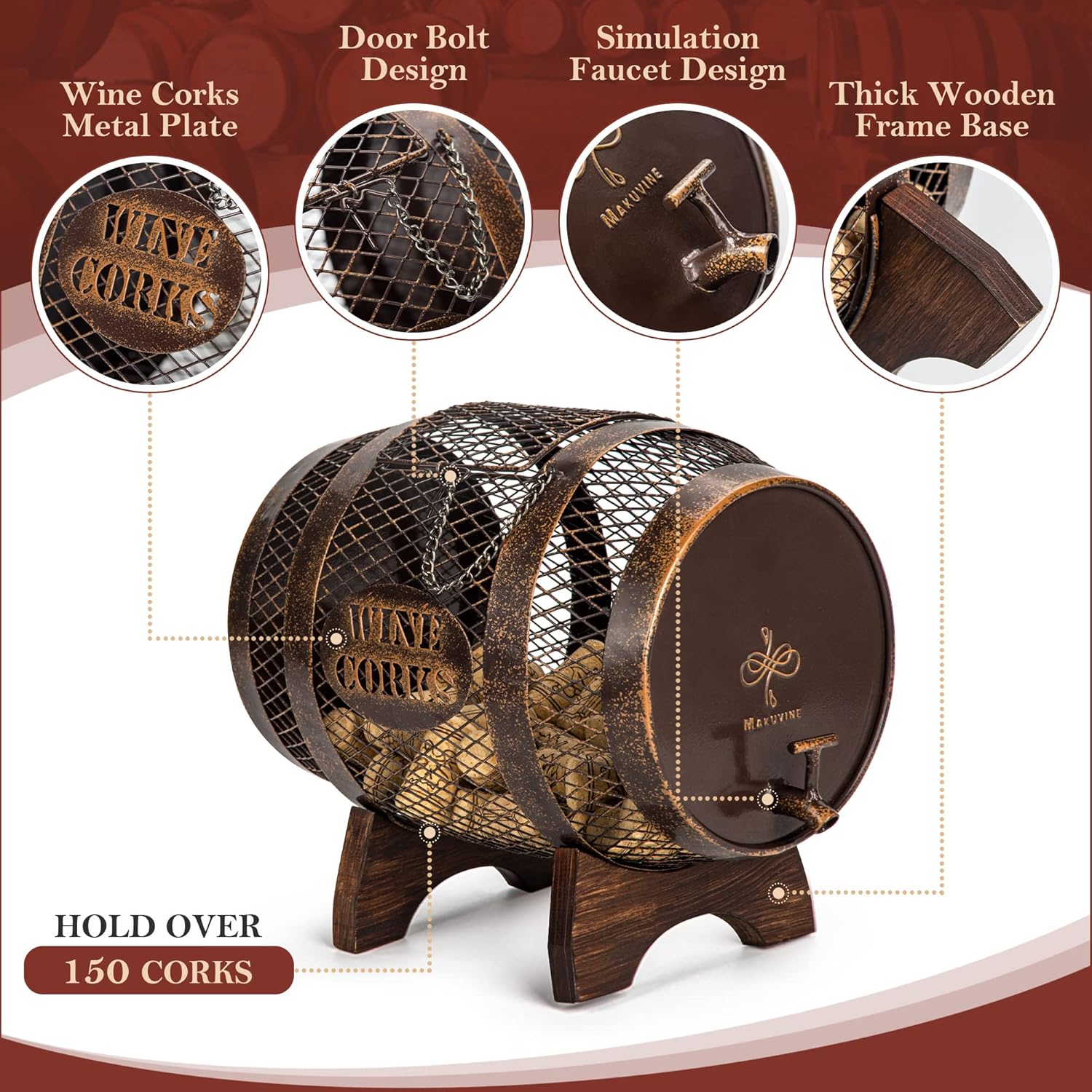Rustic Metal Large Barrel Wine Cork Holder Display On Wooden Stand, Co