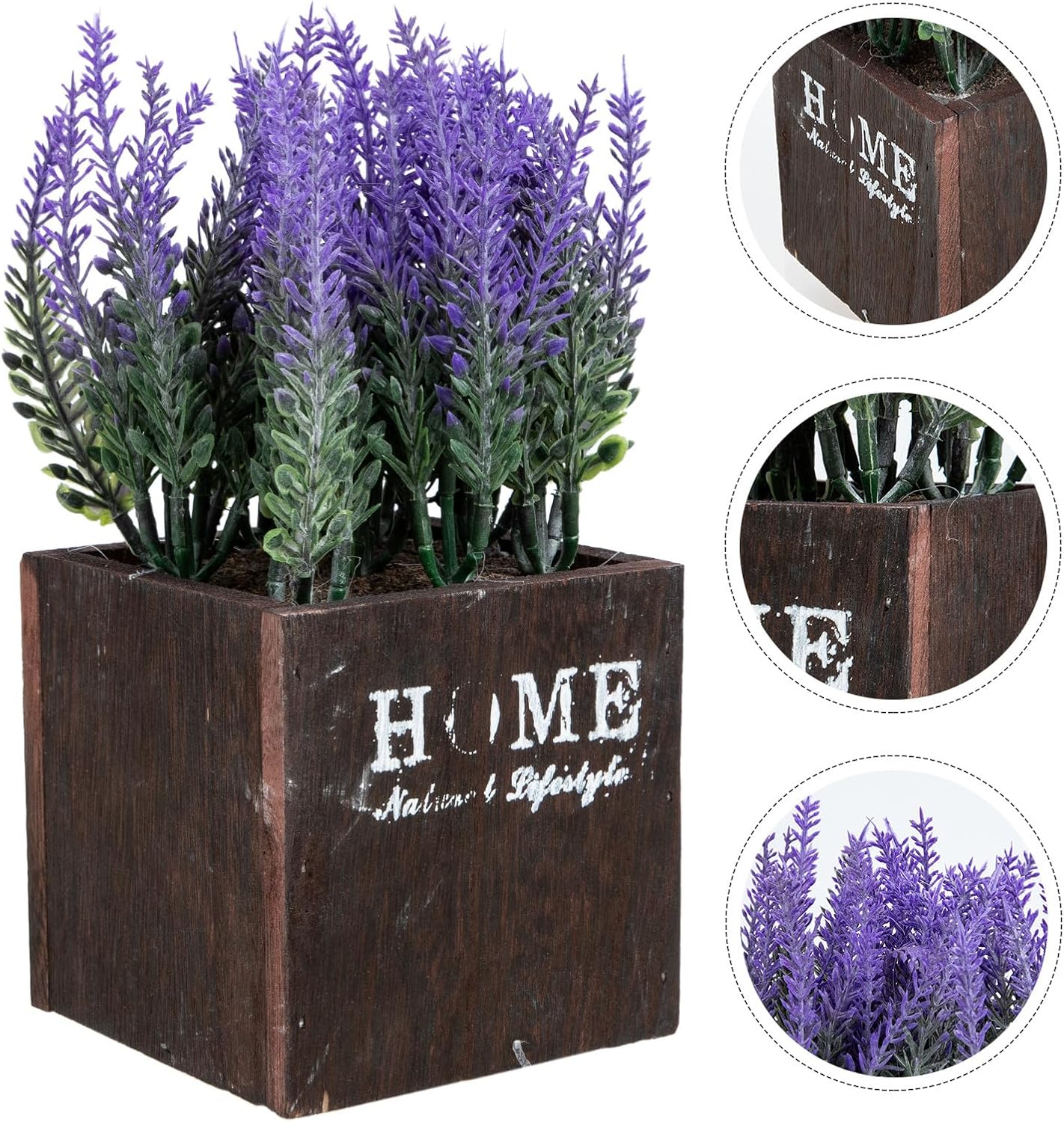PRETYZOOM Artificial Lavender Pot with Wooden Planter, Simulation Potted Bonsai, Purple Faux Flower Decoration for Home, Kitchen, Bathroom, Farmhouse Style Desktop Ornament