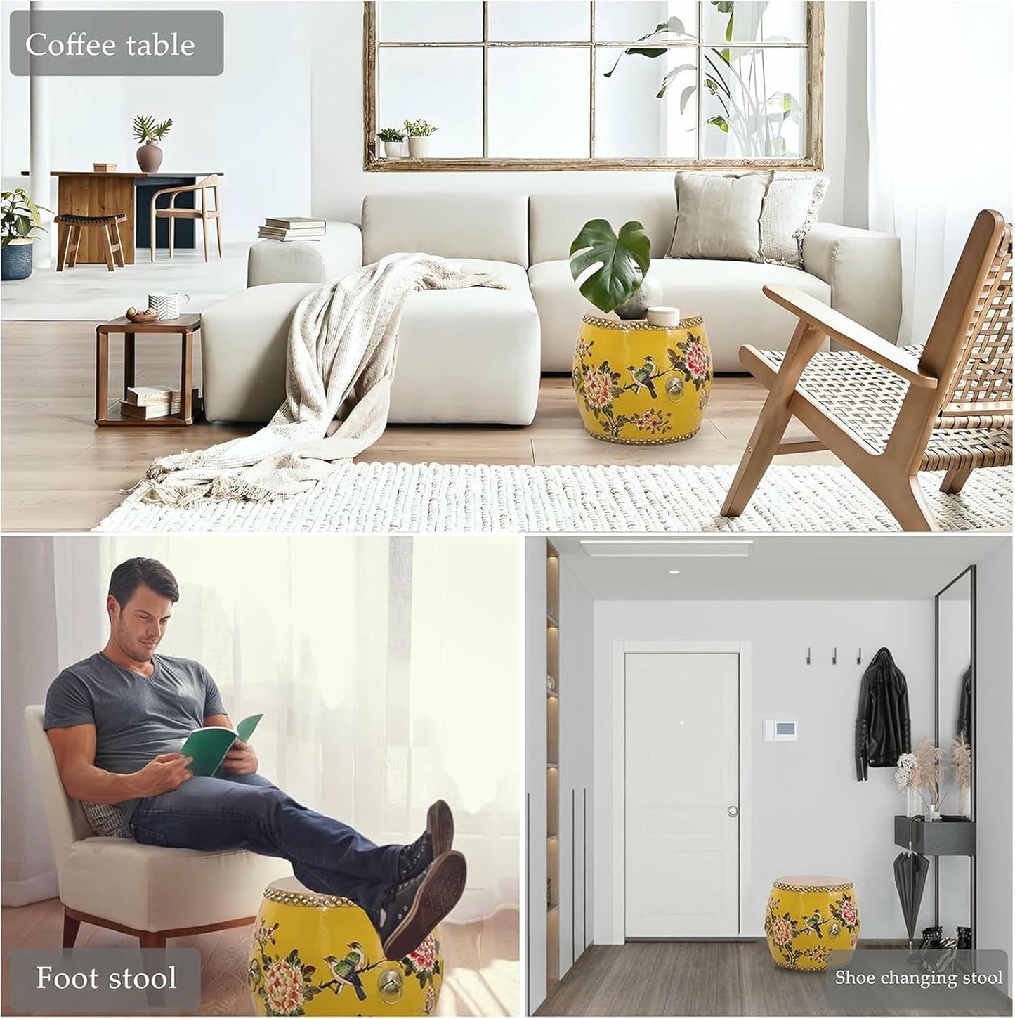 Wood Chinese Drum Stool,Decorative Ceramic Garden Stool Glazed Hand-Painted,Outdoor Side Table,Plant Stand for Living Room, Balcony & Garden